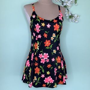 Vintage Bright Floral Print Swimdress One Piece Swimsuit 90’s Retro